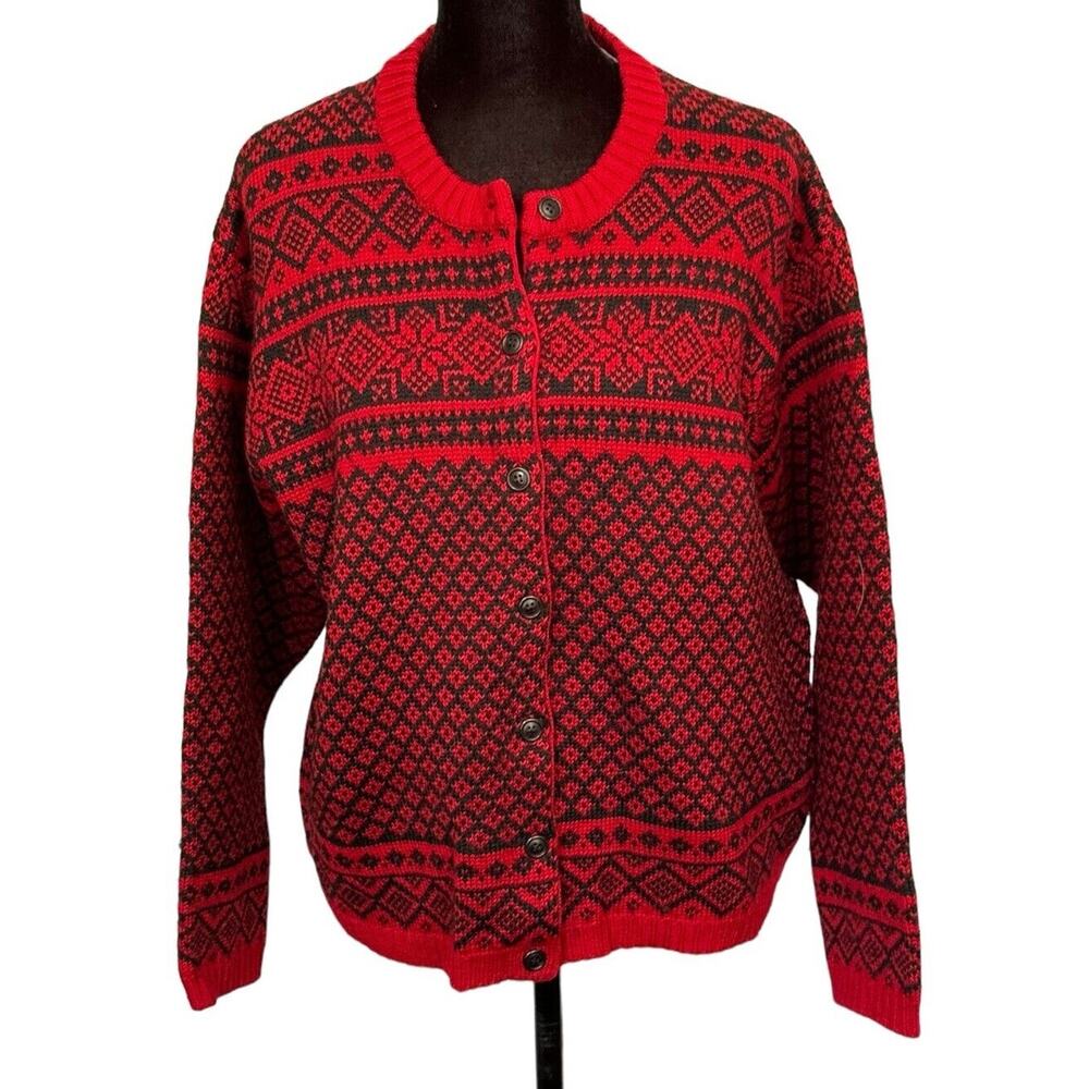 Chaus Sport Red Black Button Up 100% Wool VTG (?) Cardigan XL Christmas Career